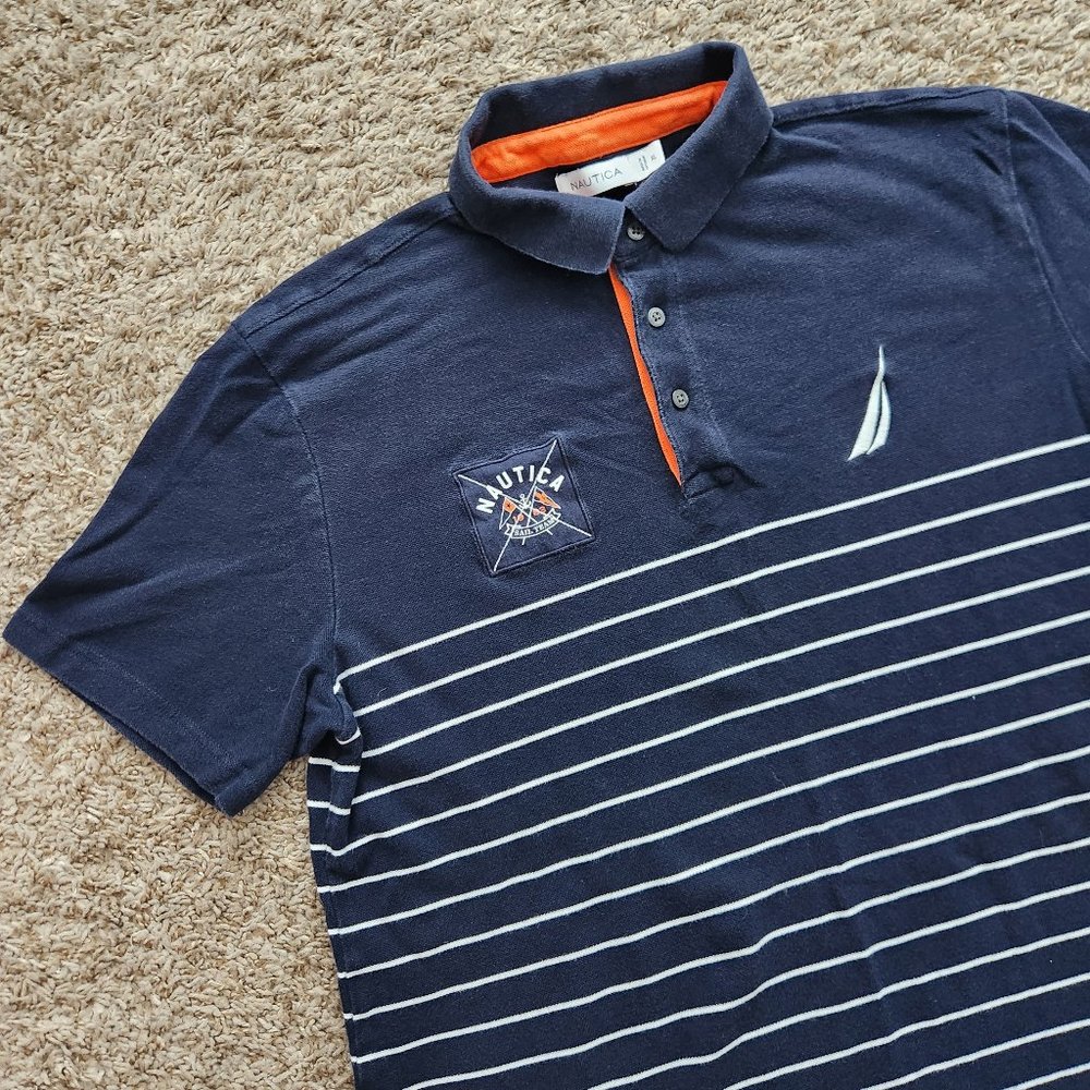 Nautica Sailing Sail Team S/S Polo Men's L Blue/White Striped Big Logo Cotton